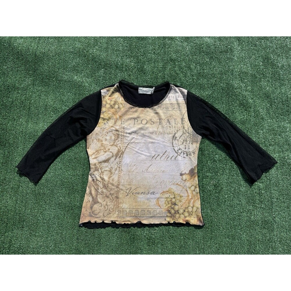 Vine Street Womens CARTE POSTALE Graphic Top Size Small Brown Bell Sleeve
